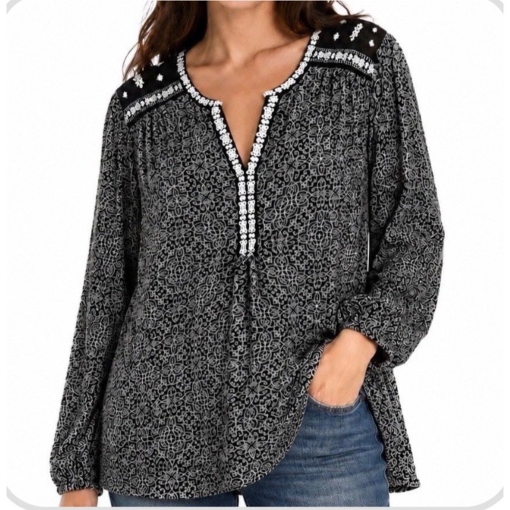 Lucky Brand Women 2X Black White Embroidered Boho Peasant Blouse Long Sleeve Top